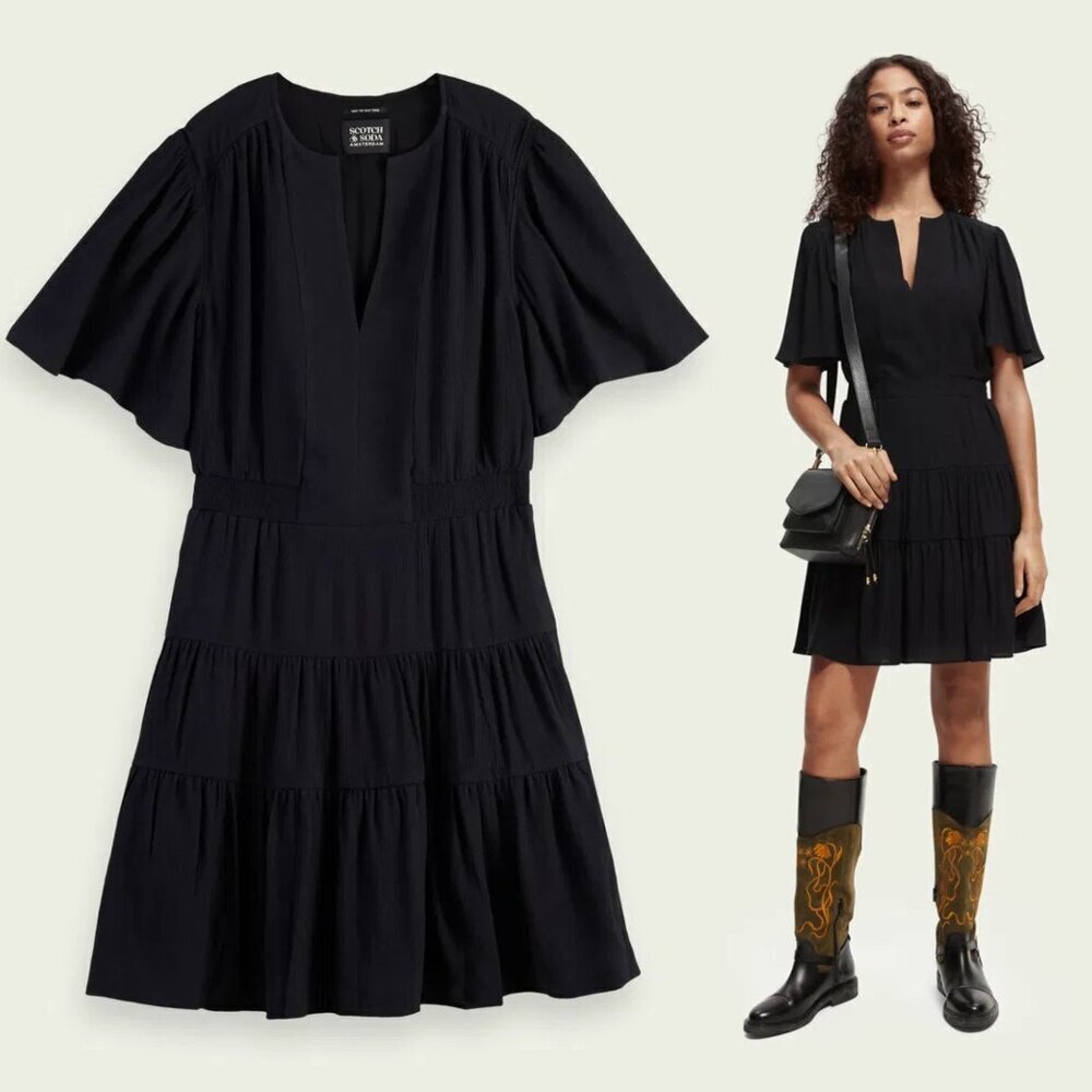 NEW! Scotch and Soda Black Panelled Gathering Mini Dress Medium 41998